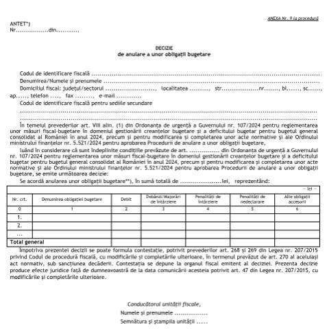 Document preview: Decizie de anulare a unor obligații bugetare (OMF 5521/2024) — Documente emise, România (CERFA n°A9_OMF_5521_2024)