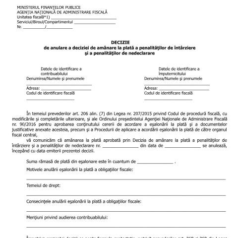 Document preview: Decizie de anulare a deciziei de amânare la plată a penalităților de întârziere și a penalităților de nedeclarare (OPANAF 90/2016) — Documente emise, România (CERFA n°A31p_OPANAF_90_2016)