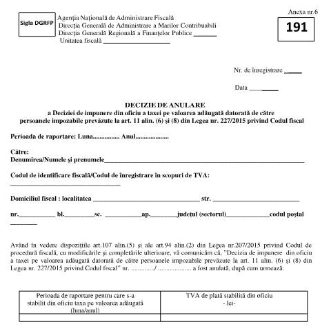 Document preview: Decizie de anulare a Deciziei de impunere din oficiu a taxei pe valoarea adăugată datorată de către persoanele impozabile prevăzute la art. 11 alin. (6) și (8) din Legea nr. 227/2015 privind Codul fiscal (OPANAF 1399/2024) — Documente emise, România (CERFA n°A6_OPANAF_1399_2024)