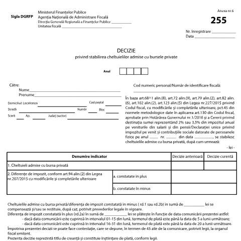 Document preview: Decizie privind stabilirea cheltuielilor admise cu bursele private (OPANAF 103/2025) — Documente emise, România (CERFA n°255_OPANAF_50_2019)