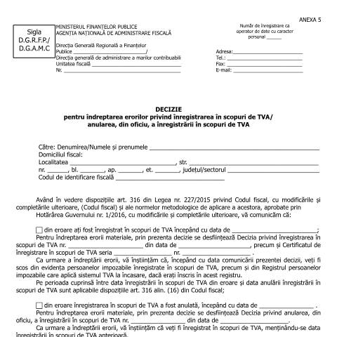 Document preview: Decizie pentru îndreptarea erorilor privind înregistrarea în scopuri de TVA/anularea, din oficiu, a înregistrării în scopuri de TVA (OPANAF 2012/2016, cu modificările și completările ulterioare) — Documente emise, România (CERFA n°A5_OPANAF_2899_2017)