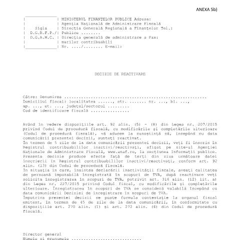 Document preview: Decizie de reactivare (OPANAF 3846/2015, cu modificările și completările ulterioare) — Documente emise, România (CERFA n°A5b_3846_2015)