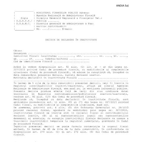 Document preview: Decizie de declarare în inactivitate (OPANAF 3846/2015, cu modificările și completările ulterioare) — Documente emise, România (CERFA n°A5a_3846_2015)