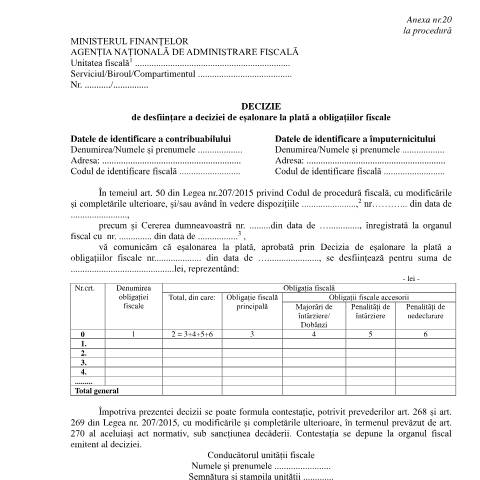 Document preview: Decizie de desființare a deciziei de eșalonare la plată a obligațiilor fiscale (OPANAF 1767/2021) — Documente emise, România (CERFA n°A20_OPANAF_1767_2021)