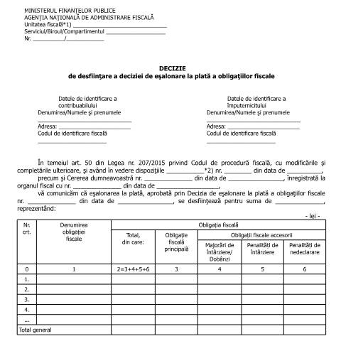 Document preview: Decizie de desființare a deciziei de eșalonare la plată a obligațiilor fiscale (OPANAF 90/2016) — Documente emise, România (CERFA n°A24p_OPANAF_90_2016)