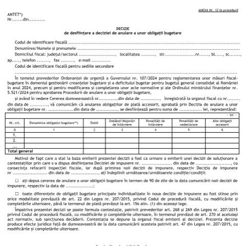 Document preview: Decizie de desființare a deciziei de anulare a unor obligații bugetare (OMF 5521/2024) — Documente emise, România (CERFA n°A12_OMF_5521_2024)