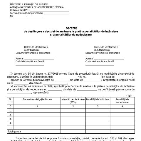 Document preview: Decizie de desființare a deciziei de amânare la plată a penalităților de întârziere și a penalităților de nedeclarare (OPANAF 90/2016) — Documente emise, România (CERFA n°A25p_OPANAF_90_2016)