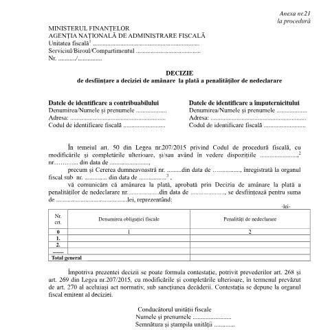 Document preview: Decizie de desființare a deciziei de amânare la plată a penalităților de nedeclarare (OPANAF 1767/2021) — Documente emise, România (CERFA n°A21_OPANAF_1767_2021)