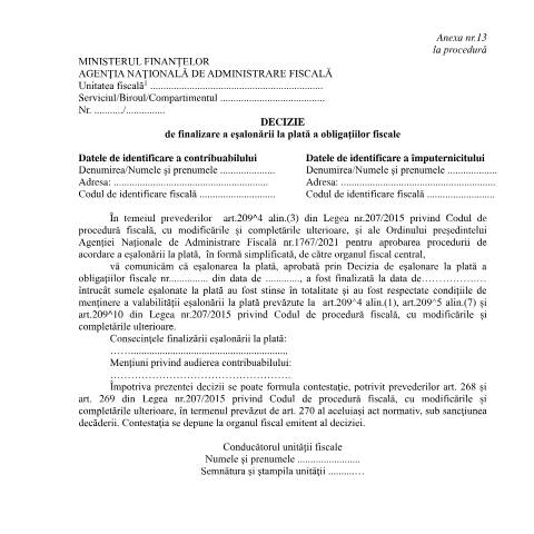 Document preview: Decizie de finalizare a eșalonării la plată a obligațiilor fiscale (OPANAF 1767/2021) — Documente emise, România (CERFA n°A13_OPANAF_1767_2021)