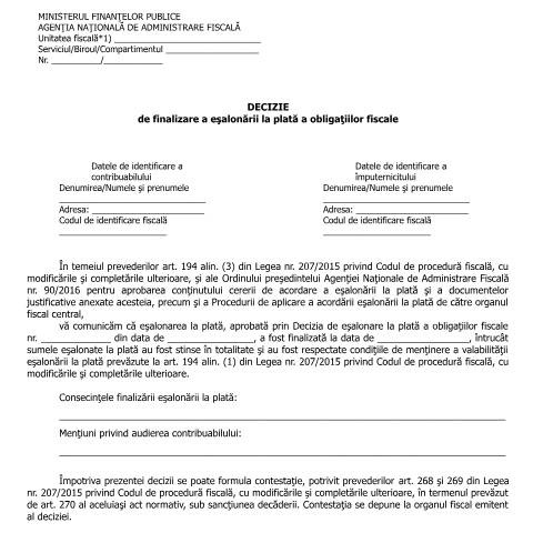 Document preview: Decizie de finalizare a eșalonării la plată a obligațiilor fiscale (OPANAF 90/2016) — Documente emise, România (CERFA n°A16p_OPANAF_90_2016)