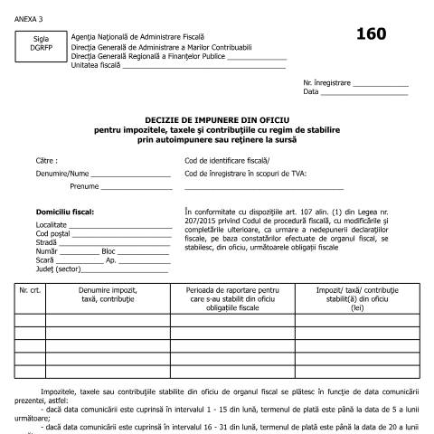 Document preview: Decizie de impunere din oficiu pentru impozitele, taxele și contribuțiile cu regim de stabilire prin autoimpunere sau reținere la sursă (OPANAF 962/2016, cu modificările și completările ulterioare) — Documente emise, România (CERFA n°A3_OPANAF_962_2016)