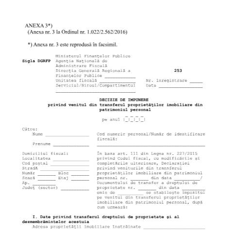 Document preview: Decizie de impunere privind venitul din transferul proprietăților imobiliare din patrimoniul personal (Ordin comun al MFP 1022/2016 și MJ 2562/2016, cu modificările și completările ulterioare) — Documente emise, România (CERFA n°253_OPANAF_1075_2021)