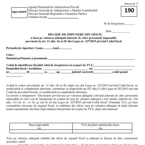 Document preview: Decizie de impunere din oficiu a taxei pe valoarea adăugată datorate de către persoanele impozabile prevăzute la art. 11 alin. (6) și (8) din Legea nr. 227/2015 privind Codul fiscal (OPANAF 1399/2024) — Documente emise, România (CERFA n°A5_OPANAF_1399_2024)