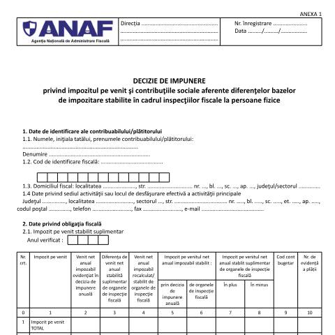 Document preview: Decizie de impunere privind impozitul pe venit și contribuțiile sociale aferente diferențelor bazelor de impozitare stabilite în cadrul inspecțiilor fiscale la persoane fizice (OPANAF 3771/2015) — Documente emise, România (CERFA n°A1_OPANAF_3771_2015)
