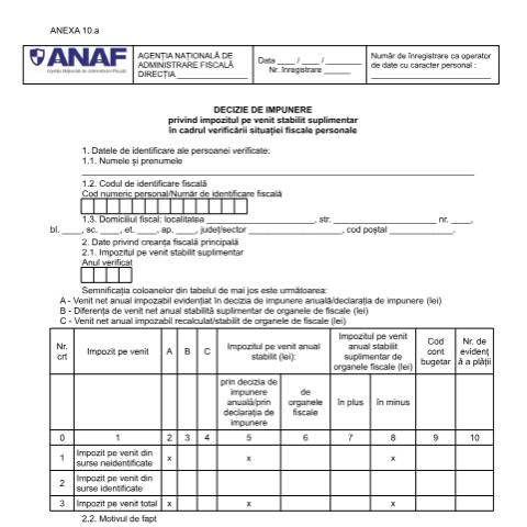 Document preview: Decizie de impunere privind impozitul pe venit stabilit suplimentar în cadrul verificării situației fiscale personale (OPANAF 2117/2018) — Documente emise, România (CERFA n°A10_OPANAF_2117_2018)