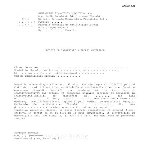 Document preview: Decizie de îndreptare a erorii materiale (OPANAF 3846/2015, cu modificările și completările ulterioare) — Documente emise, România (CERFA n°A5c_3846_2015)