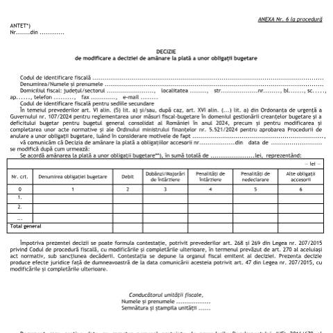 Document preview: Decizie de modificare a deciziei de amânare la plată a unor obligații bugetare (OMF 5521/2024) — Documente emise, România (CERFA n°A6_OMF_5521_2024)