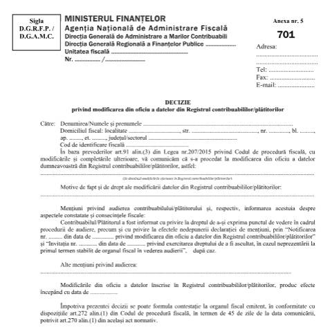 Document preview: Decizie privind modificarea din oficiu a datelor din Registrul contribuabililor/plătitorilor (OPANAF 3792/2024) — Documente emise, România (CERFA n°701_OPANAF_3792_2024)