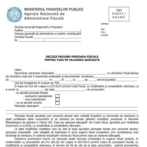 Document preview: Decizie privind perioada fiscală pentru taxa pe valoarea adăugată (OPANAF 2037/2016) — Documente emise, România (CERFA n°A3_OPANAF_2037_2016)
