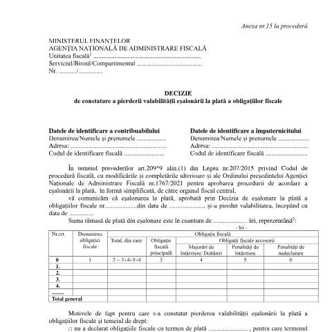Document preview: Decizie de constatare a pierderii valabilității eșalonării la plată a obligațiilor fiscale (OPANAF 1767/2021) — Documente emise, România (CERFA n°A15_OPANAF_1767_2021)