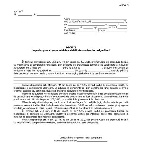 Document preview: Decizie de prelungire a termenului de valabilitate a măsurilor asigurătorii (OPANAF 2546/2016) — Documente emise, România (CERFA n°A5_OPANAF_2546_2016)