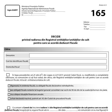 Document preview: Decizie privind radierea din Registrul entităților/unităților de cult pentru care se acordă deduceri fiscale (OPANAF 819/2019, cu modificările și completările ulterioare) — Documente emise, România (CERFA n°A4_OPANAF_819_2019)