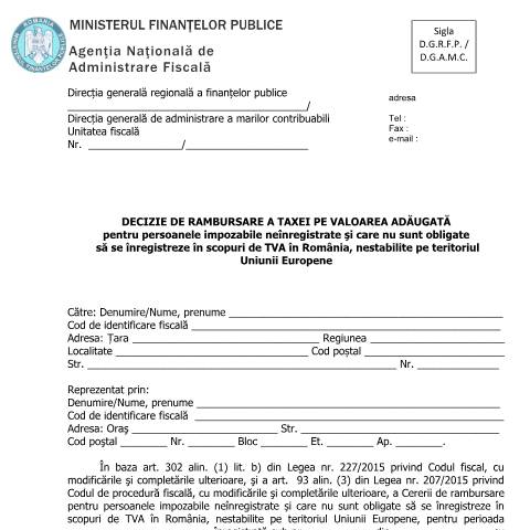 Document preview: Decizie de rambursare a taxei pe valoarea adăugată pentru persoanele impozabile neînregistrate și care nu sunt obligate să se înregistreze în scopuri de TVA în România, nestabilite pe teritoriul Uniunii Europene (OPANAF 3159/2017) — Documente emise, România (CERFA n°A4_OPANAF_3159_2017)