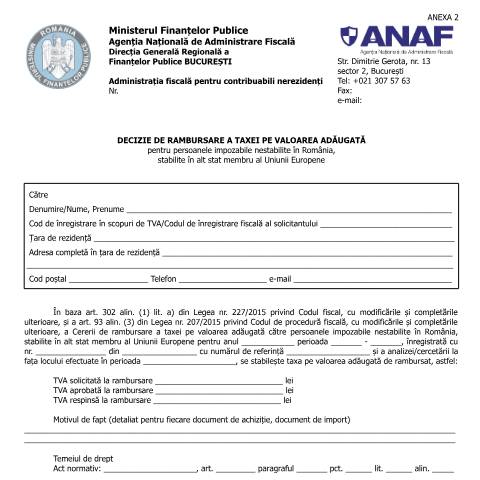 Document preview: Decizie de rambursare a taxei pe valoarea adăugată pentru persoanele impozabile nestabilite în România, stabilite în alt stat membru al Uniunii Europene (OPANAF 2809/2016, cu modificările și completările ulterioare) — Documente emise, România (CERFA n°A2_OPANAF_2809_2016)