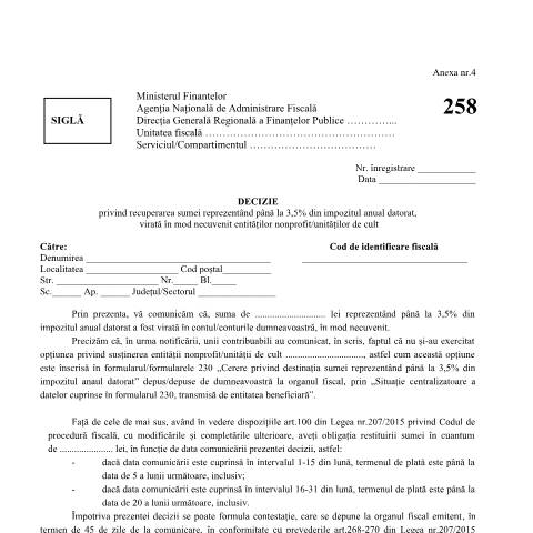 Document preview: Decizie privind recuperarea sumei reprezentând până la 3,5% din impozitul anual datorat, virată în mod necuvenit entităților nonprofit/unităților de cult (OPANAF 103/2025) — Documente emise, România (CERFA n°258_OPANAF_103_2025)