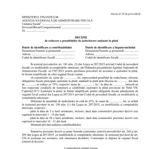 Document preview: Decizie de reducere a penalităților de nedeclarare amânate la plată (OPANAF 1767/2021) — Documente emise, România (CERFA n°A14_OPANAF_1767_2021)