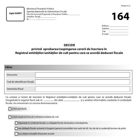 Document preview: Decizie privind aprobarea/respingerea cererii de înscriere în Registrul entităților/unităților de cult pentru care se acordă deduceri fiscale (OPANAF 819/2019, cu modificările și completările ulterioare) — Documente emise, România (CERFA n°A3_OPANAF_819_2019)