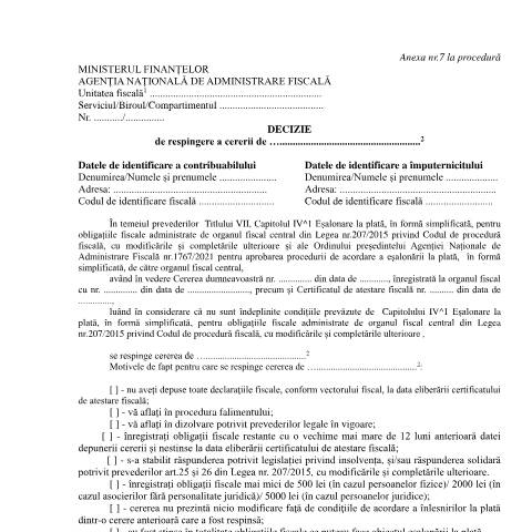Document preview: Decizie de respingere a cererii de ... (OPANAF 1767/2021) — Documente emise, România (CERFA n°A7_OPANAF_1767_2021)