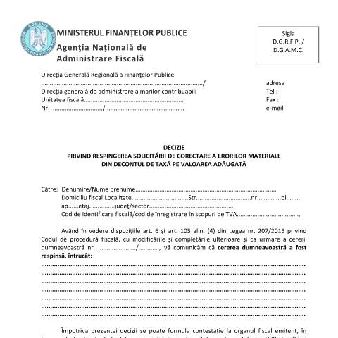 Document preview: Decizie privind respingerea solicitării de corectare a erorilor materiale din decontul de taxă pe valoarea adăugată (OPANAF 3604/2015) — Documente emise, România (CERFA n°Anexa2_OMFP3604_2015)