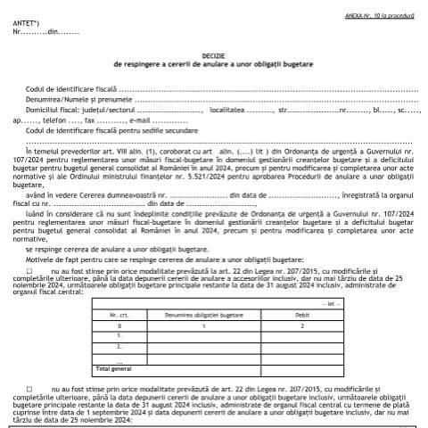 Document preview: Decizie de respingere a cererii de anulare a unor obligații bugetare (OMF 5521/2024) — Documente emise, România (CERFA n°A10_OMF_5521_2024)