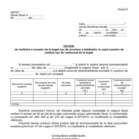 Document preview: Decizie de restituire a sumelor de la buget sau de acordare a dobânzilor în cazul sumelor de restituit sau de rambursat de la buget (OPANAF 63/2017) — Documente emise, România (CERFA n°A5_OPANAF_63_2017)