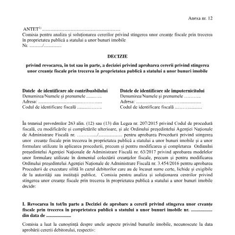 Document preview: Decizie privind revocarea în tot sau în parte a deciziei privind aprobarea cererii privind stingerea unor creanțe fiscale prin trecerea în proprietatea publică a statului a unor bunuri imobile (OPANAF 6942/2024) — Documente emise, România (CERFA n°A12_OPANAF_6942_2024)