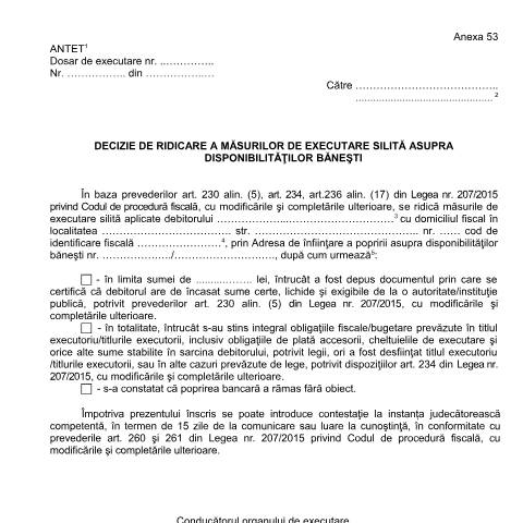 Document preview: Decizie de ridicare a măsurilor de executare silită asupra disponibilităților bănești (OPANAF 63/2017) — Documente emise, România (CERFA n°A53_OPANAF_63_2017)