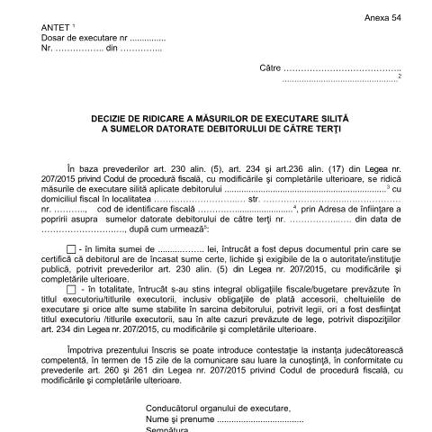 Document preview: Decizie de ridicare a măsurilor de executare silită a sumelor datorate debitorului de către terți (OPANAF 63/2017) — Documente emise, România (CERFA n°A54_OPANAF_63_2017)