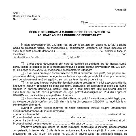 Document preview: Decizie de ridicare a măsurilor de executare silită aplicate asupra bunurilor sechestrate (OPANAF 63/2017) — Documente emise, România (CERFA n°A55_OPANAF_63_2017)