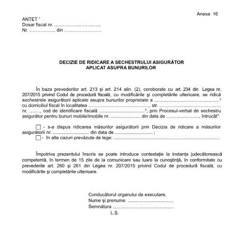 Document preview: Decizie de ridicare a sechestrului asigurător aplicat asupra bunurilor (OPANAF 63/2017) — Documente emise, România (CERFA n°A16_OPANAF_63_2017)