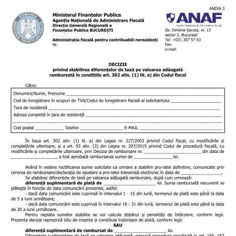 Document preview: Decizie privind stabilirea diferențelor de taxă pe valoarea adăugată rambursată în condițiile art. 302 alin. (1) lit. a) din Codul fiscal (OPANAF 2809/2016, cu modificările și completările ulterioare) — Documente emise, România (CERFA n°A3_OPANAF_2809_2016)