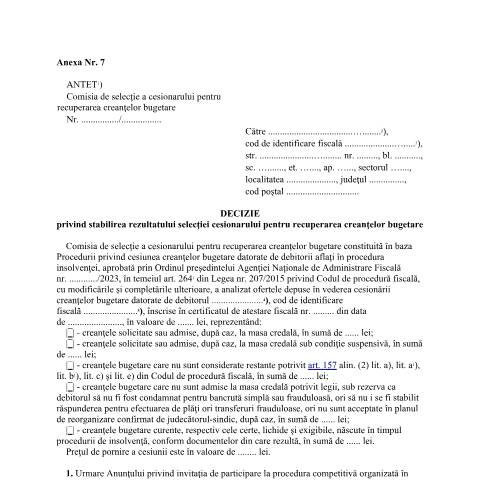 Document preview: Decizie privind stabilirea rezultatului selecției cesionarului pentru recuperarea creanțelor bugetare (OPANAF 1940/2023) — Documente emise, România (CERFA n°A7_OPANAF_1940_2023)