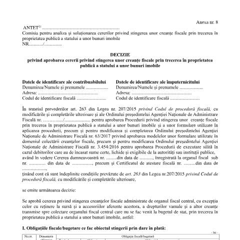 Document preview: Decizie privind aprobarea cererii privind stingerea unor creanțe fiscale prin trecerea în proprietatea publică a statului a unor bunuri imobile (OPANAF 6942/2024) — Documente emise, România (CERFA n°A8_OPANAF_6942_2024)