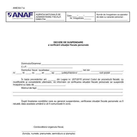 Document preview: Decizie de suspendare a verificării situației fiscale personale (OPANAF 2117/2018) — Documente emise, România (CERFA n°A7_OPANAF_2117_2018)