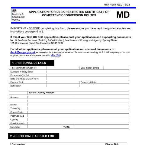 Document preview: How to apply for a Deck Restricted CoC conversion — Maritime and Coastguard Agency, United Kingdom