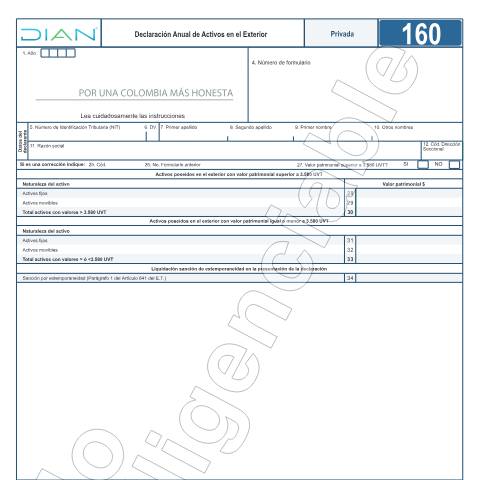 Vista previa del documento Declaración Anual de Activos en el Exterior - Res. 000013 del 3 de Marzo de 2017 - Res. 4 de enero 15 de 2019 – Res. 000023 del 1 de febrero de 2022 - Res. 001096 del 13 de Julio de 2022. — Año 2023, Colombia (CERFA n°F160-2023)