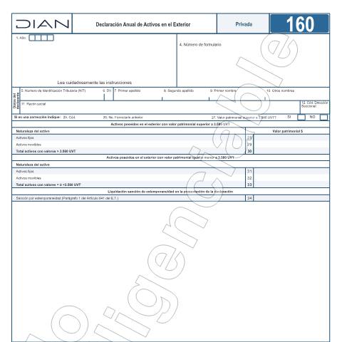 Vista previa del documento Declaración Anual de Activos en el Exterior - Res. 000013 del 3 de Marzo de 2017 - Res. 4 de enero 15 de 2019 – Res. 000023 del 1 de febrero de 2022 - Res. 001096 del 13 de Julio de 2022. — Año 2025, Colombia (CERFA n°F160-2025)