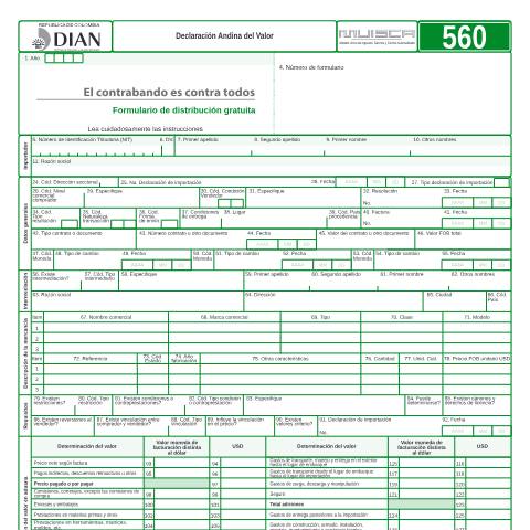 Vista previa del documento Declaración Andina del Valor — Año 2019, Colombia (CERFA n°F560-2019)
