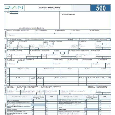 Vista previa del documento Declaración Andina del Valor — Año 2023, Colombia (CERFA n°F560-2023)