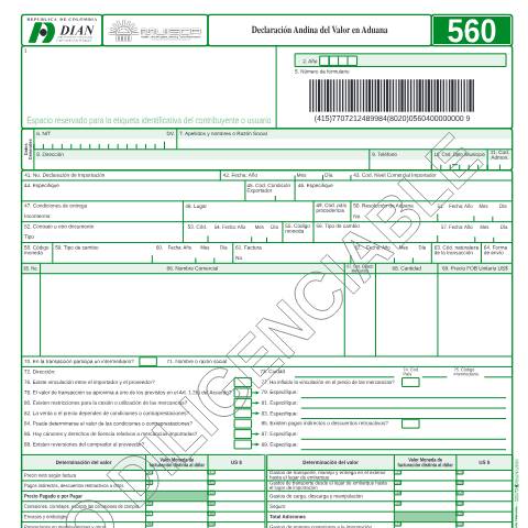 Vista previa del documento Declaración andina del valor en aduana — Año 2004, Colombia (CERFA n°F560-2004)